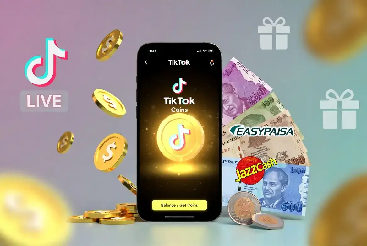 Illustrated featured image showing glowing TikTok Coins, a smartphone displaying the TikTok app balance screen, Easypaisa and JazzCash logos, Pakistani Rupee notes, and subtle LIVE stream icons on a modern purple-and-teal gradient background.